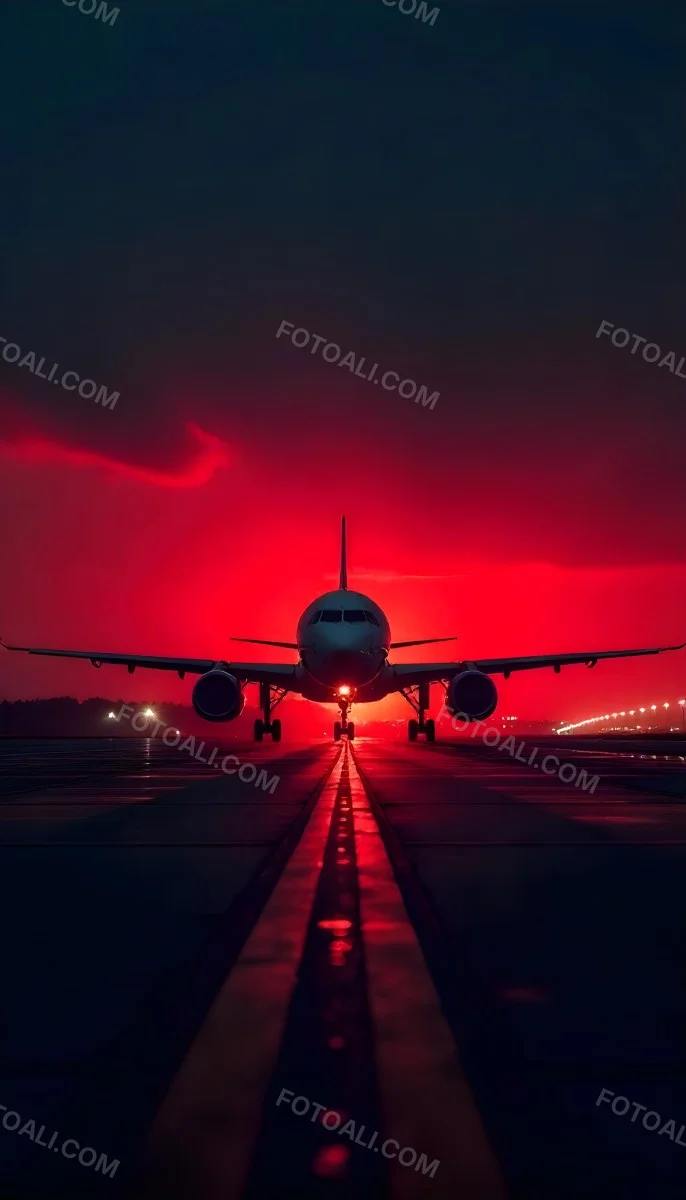 Airplane On A Runway At Night Red And Black Color Palette The Sky Is Dark With A Red Glow Dramatic Lighting 17 2bd6