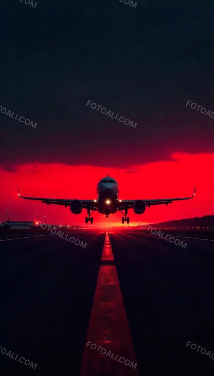Airplane On A Runway At Night Red And Black Color Palette The Sky Is Dark With A Red Glow Dramatic Lighting 18 5073