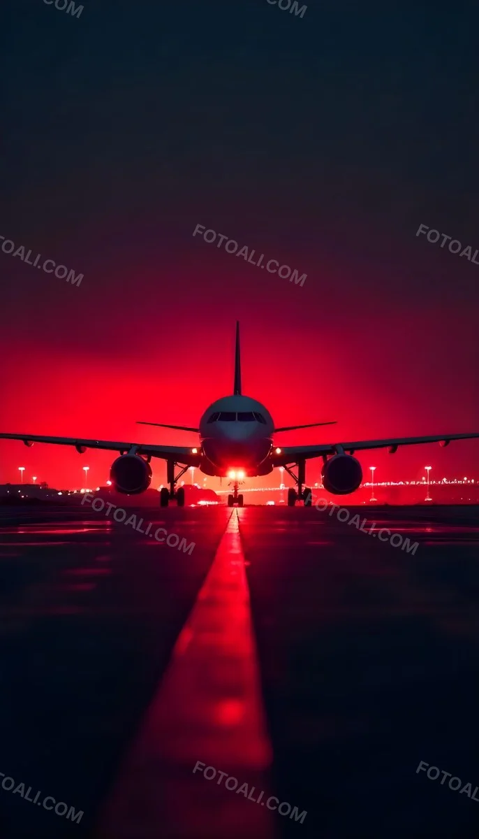 Airplane On A Runway At Night Red And Black Color Palette The Sky Is Dark With A Red Glow Dramatic Lighting 19 D493