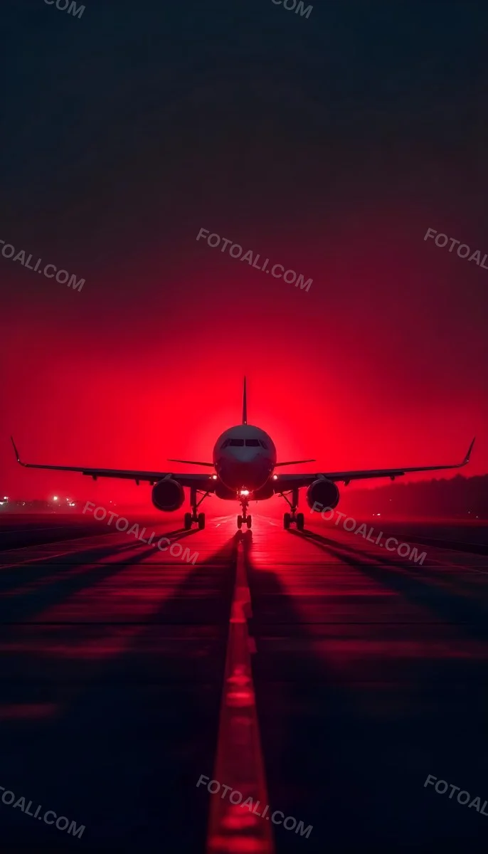Airplane On A Runway At Night Red And Black Color Palette The Sky Is Dark With A Red Glow Dramatic Lighting 21 2f01