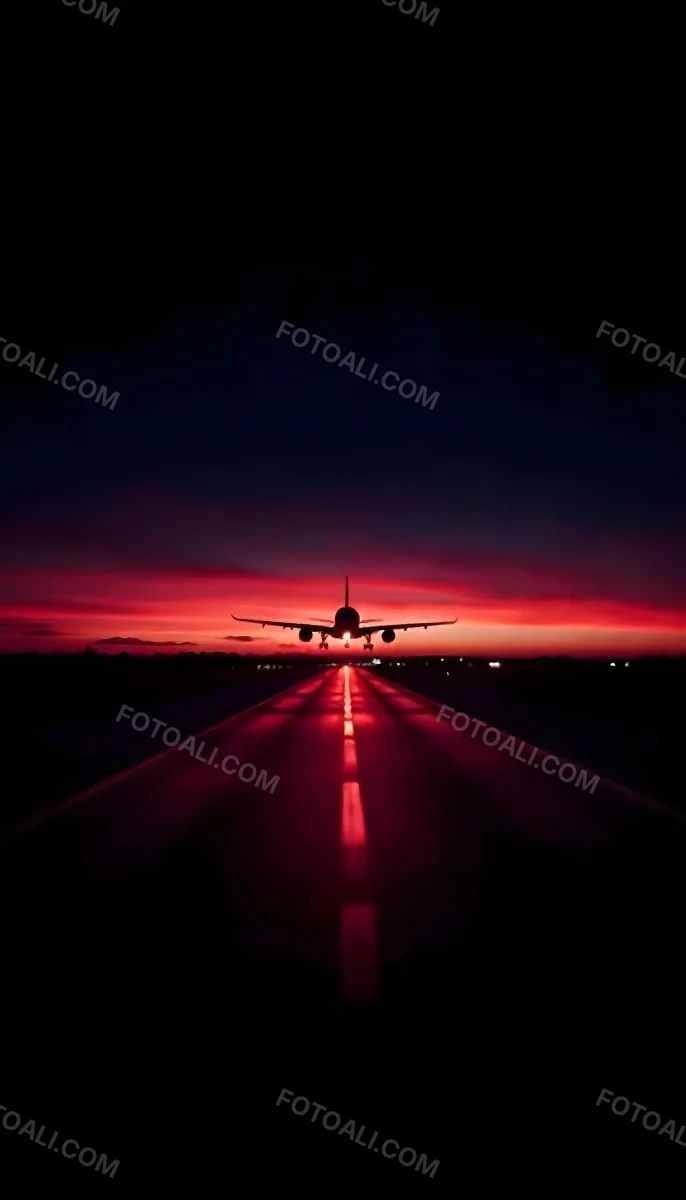 Airplane On A Runway At Night Red And Black Color Palette The Sky Is Dark With A Red Glow Dramatic Lighting 3 2a33