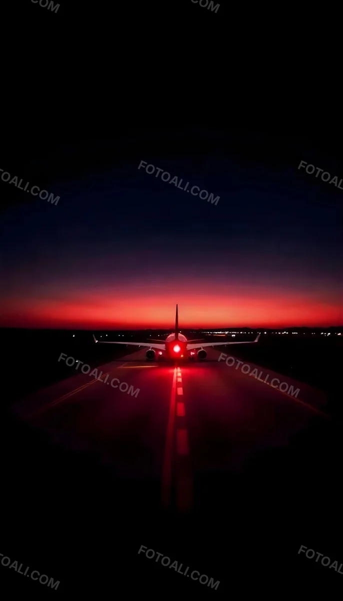Airplane On A Runway At Night Red And Black Color Palette The Sky Is Dark With A Red Glow Dramatic Lighting 4 74fa