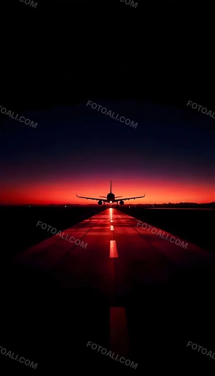 Airplane On A Runway At Night Red And Black Color Palette The Sky Is Dark With A Red Glow Dramatic Lighting 6 C831