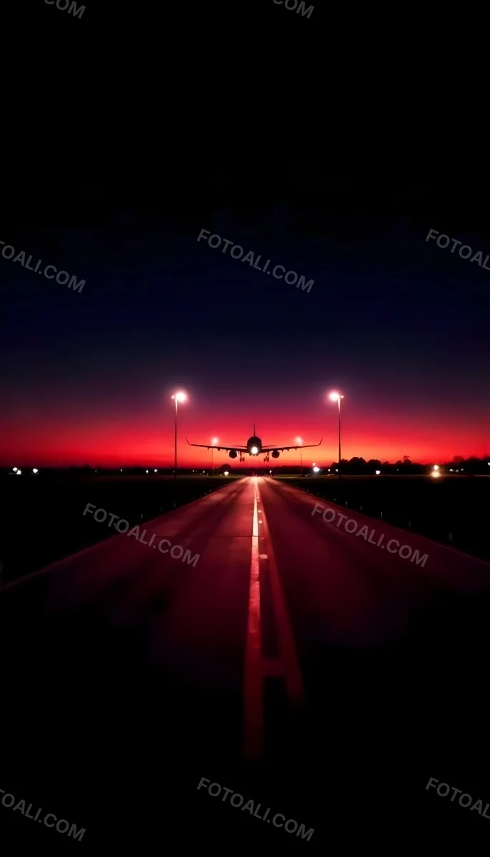 Airplane On A Runway At Night Red And Black Color Palette The Sky Is Dark With A Red Glow Dramatic Lighting 8 3379