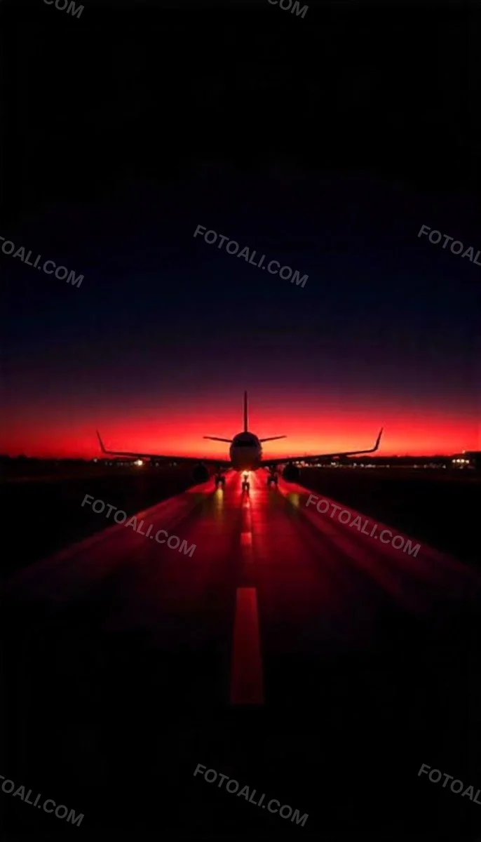 Airplane On A Runway At Night Red And Black Color Palette The Sky Is Dark With A Red Glow Dramatic Lighting 9 514b