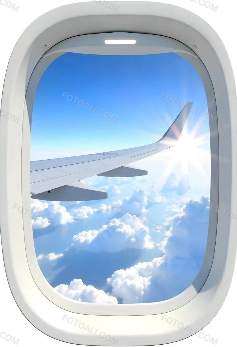 Airplane Window View With Blue Sky And White Clouds Bright Sunlight Shining Through The Clouds Creating A Sense Of Altitude And Freedom 10 D4c7