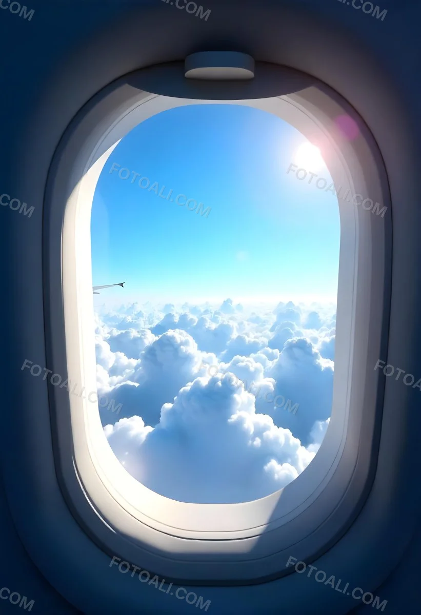 Airplane Window View With Blue Sky And White Clouds Bright Sunlight Shining Through The Clouds Creating A Sense Of Altitude And Freedom 11 05eb