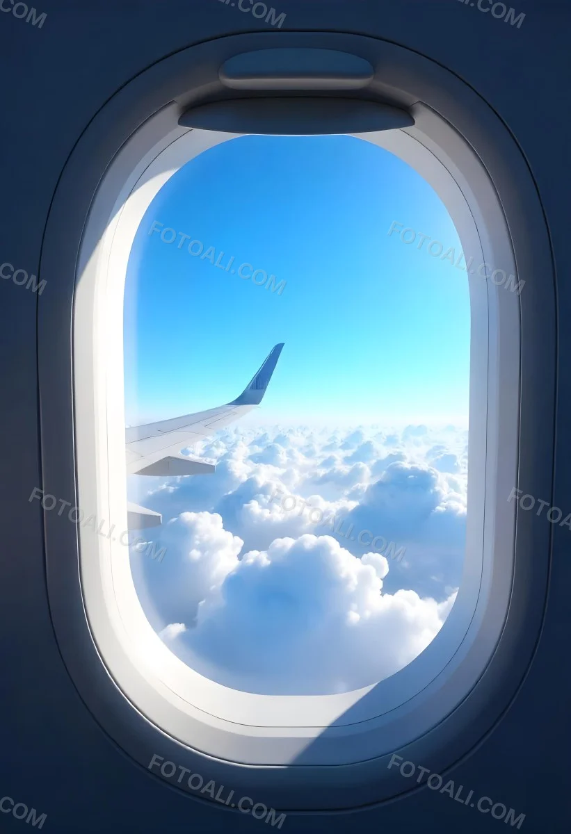 Airplane Window View With Blue Sky And White Clouds Bright Sunlight Shining Through The Clouds Creating A Sense Of Altitude And Freedom 13 8786