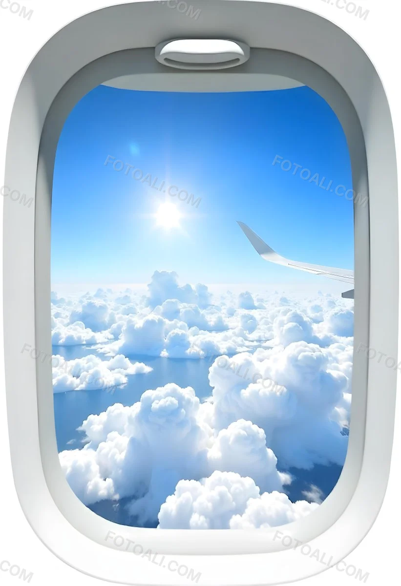 Airplane Window View With Blue Sky And White Clouds Bright Sunlight Shining Through The Clouds Creating A Sense Of Altitude And Freedom 15 D715