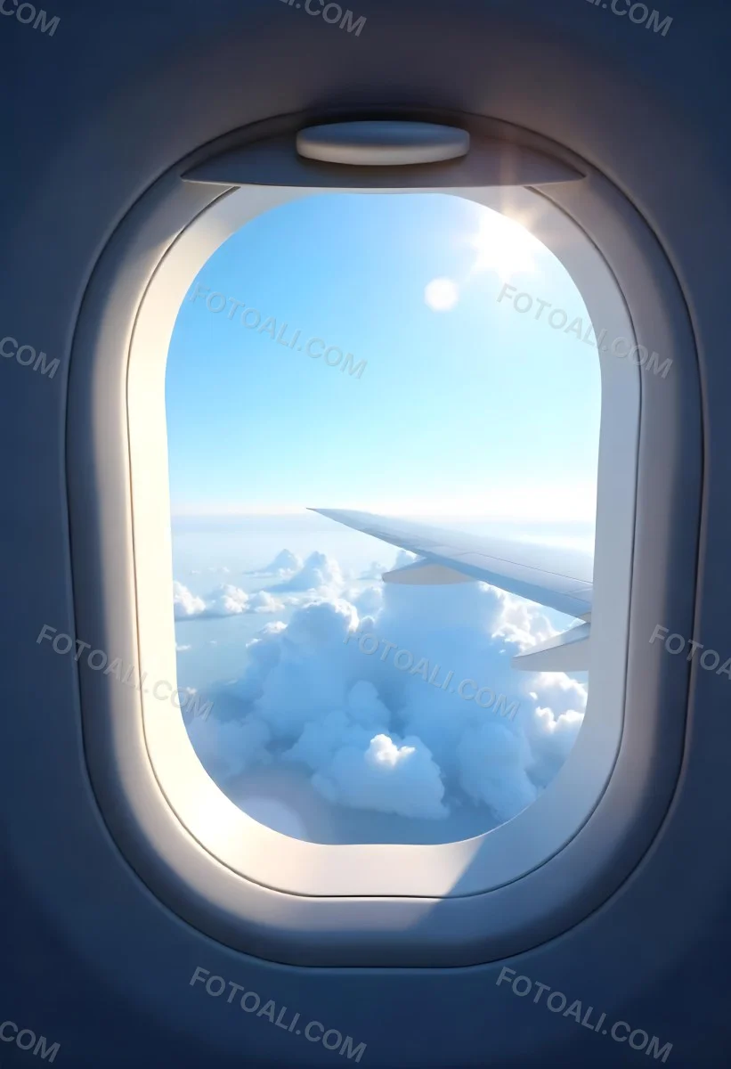 Airplane Window View With Blue Sky And White Clouds Bright Sunlight Shining Through The Clouds Creating A Sense Of Altitude And Freedom 16 C0f7