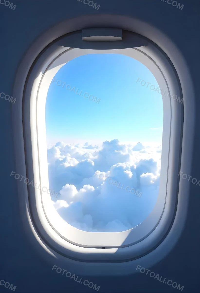Airplane Window View With Blue Sky And White Clouds Bright Sunlight Shining Through The Clouds Creating A Sense Of Altitude And Freedom 17 C14e