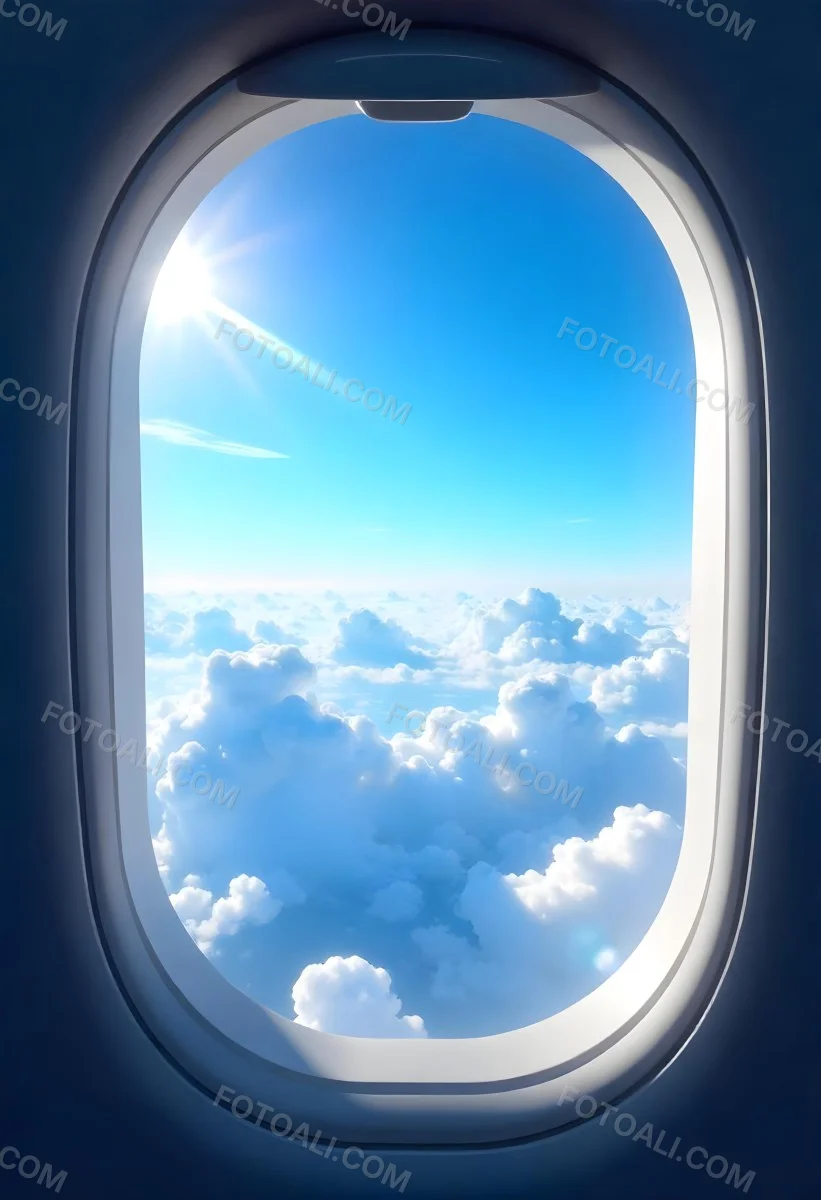 Airplane Window View With Blue Sky And White Clouds Bright Sunlight Shining Through The Clouds Creating A Sense Of Altitude And Freedom 19 486e
