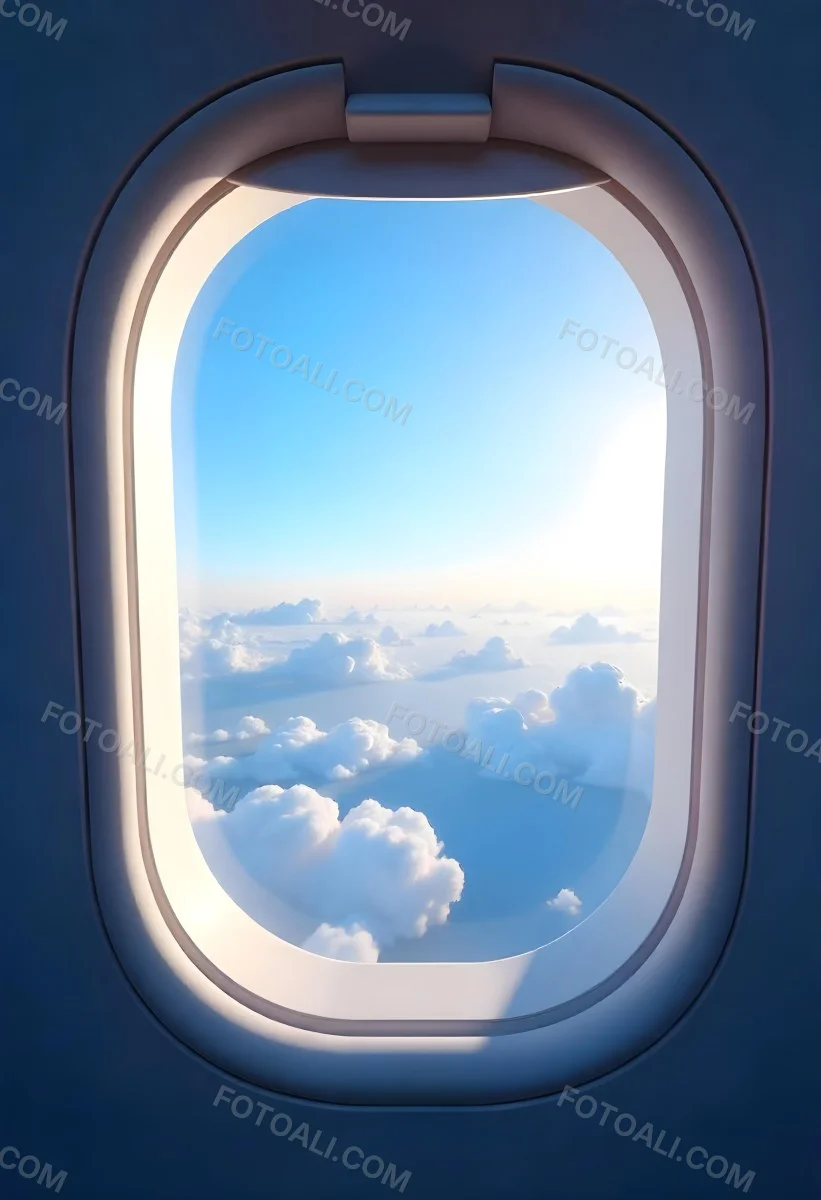 Airplane Window View With Blue Sky And White Clouds Bright Sunlight Shining Through The Clouds Creating A Sense Of Altitude And Freedom 20 1261