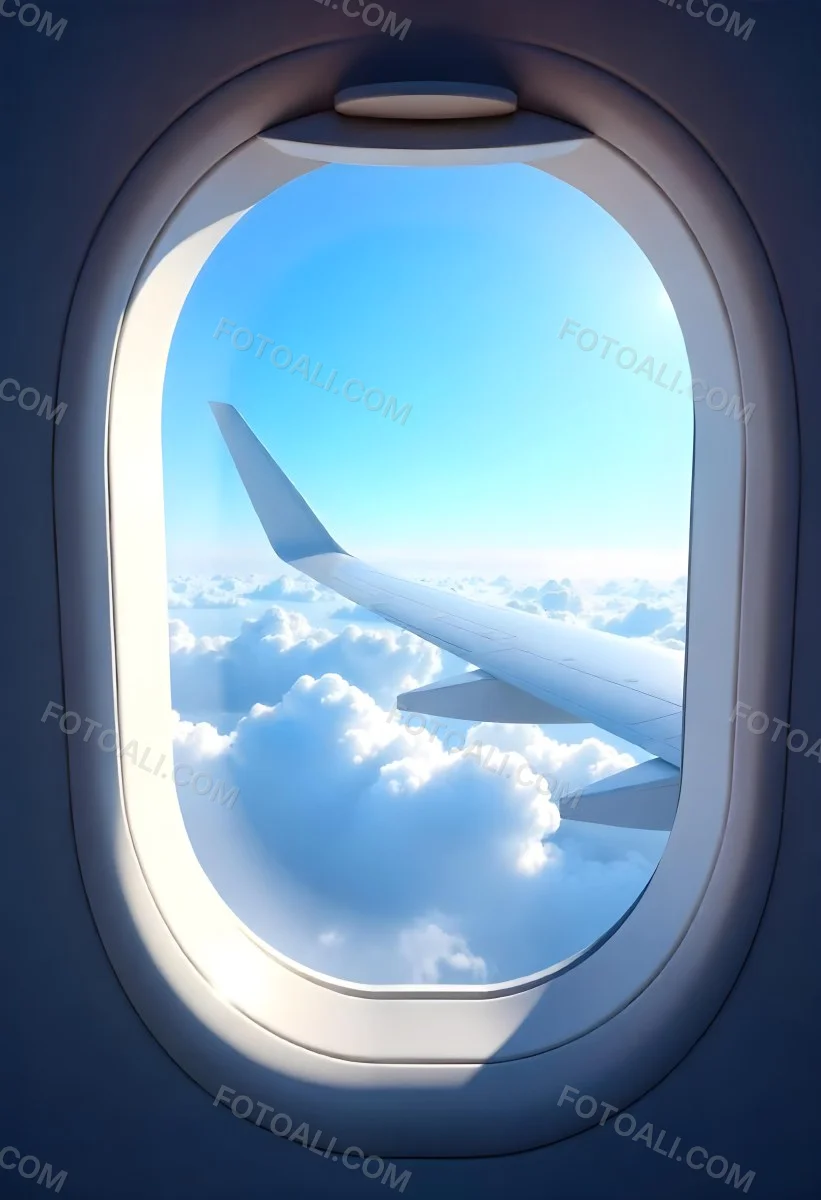 Airplane Window View With Blue Sky And White Clouds Bright Sunlight Shining Through The Clouds Creating A Sense Of Altitude And Freedom 22 4cb4