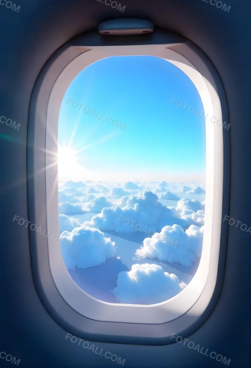 Airplane Window View With Blue Sky And White Clouds Bright Sunlight Shining Through The Clouds Creating A Sense Of Altitude And Freedom 23 9fab