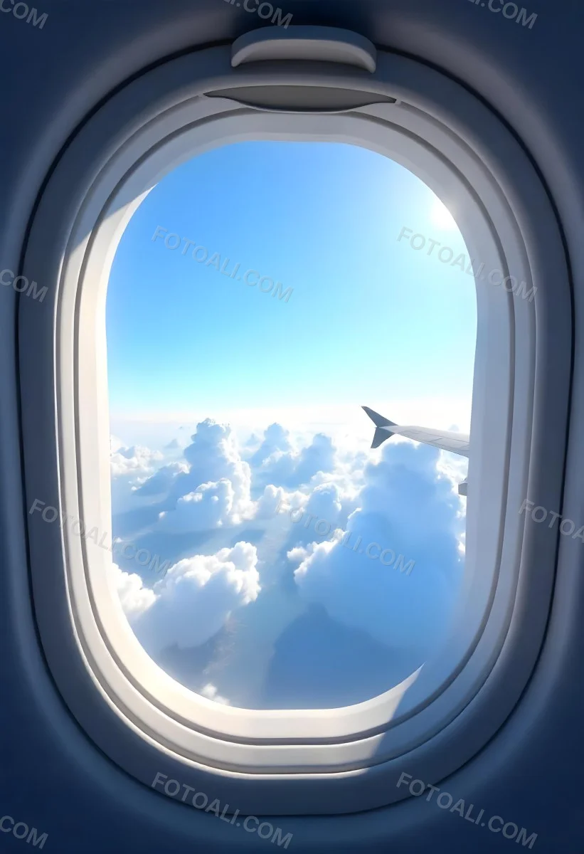 Airplane Window View With Blue Sky And White Clouds Bright Sunlight Shining Through The Clouds Creating A Sense Of Altitude And Freedom 5 6342