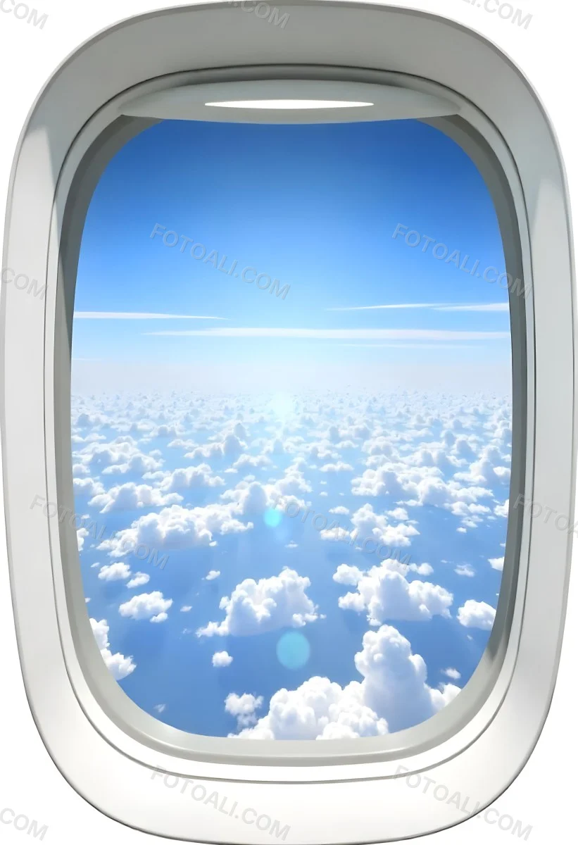Airplane Window View With Blue Sky And White Clouds Bright Sunlight Shining Through The Clouds Creating A Sense Of Altitude And Freedom 6 De9a