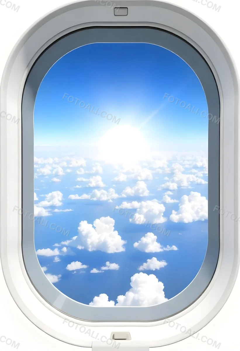 Airplane Window View With Blue Sky And White Clouds Bright Sunlight Shining Through The Clouds Creating A Sense Of Altitude And Freedom 7 9614