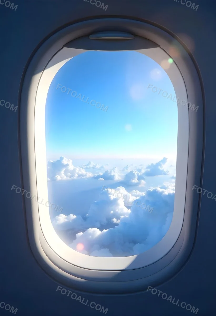 Airplane Window View With Blue Sky And White Clouds Bright Sunlight Shining Through The Clouds Creating A Sense Of Altitude And Freedom 9 E954