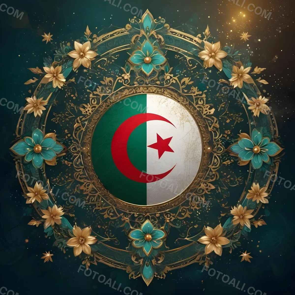 Algerian Flag In A Circular Shape Surrounded By Golden And Turquoise Floral Ornaments Stars And Intricate Details Set Against A Dark Background With Bokeh Effects 11 75bb