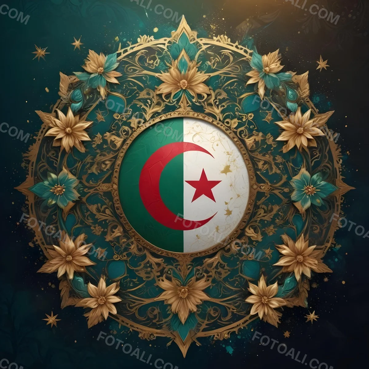 Algerian Flag In A Circular Shape Surrounded By Golden And Turquoise Floral Ornaments Stars And Intricate Details Set Against A Dark Background With Bokeh Effects 12 4f8f