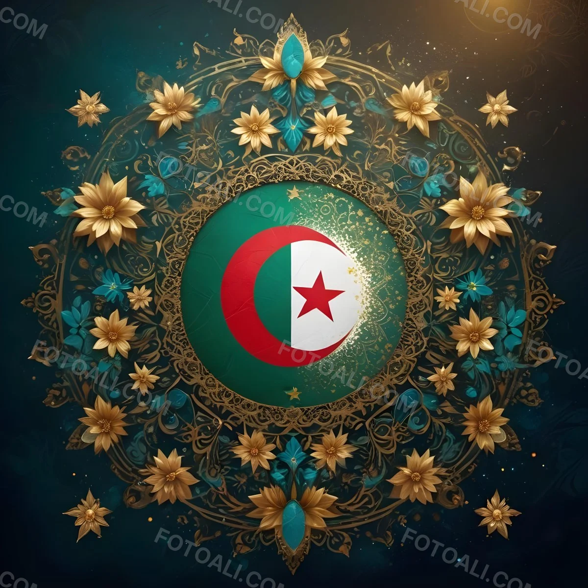 Algerian Flag In A Circular Shape Surrounded By Golden And Turquoise Floral Ornaments Stars And Intricate Details Set Against A Dark Background With Bokeh Effects 13 5195