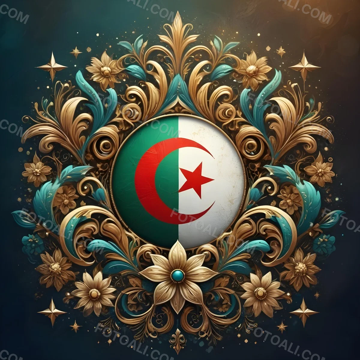 Algerian Flag In A Circular Shape Surrounded By Golden And Turquoise Floral Ornaments Stars And Intricate Details Set Against A Dark Background With Bokeh Effects 15 468d
