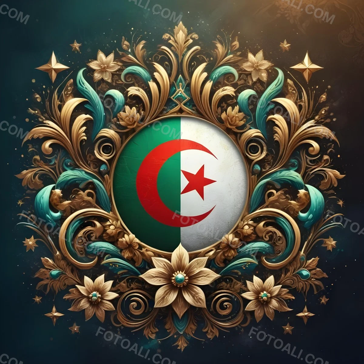 Algerian Flag In A Circular Shape Surrounded By Golden And Turquoise Floral Ornaments Stars And Intricate Details Set Against A Dark Background With Bokeh Effects 19 3458