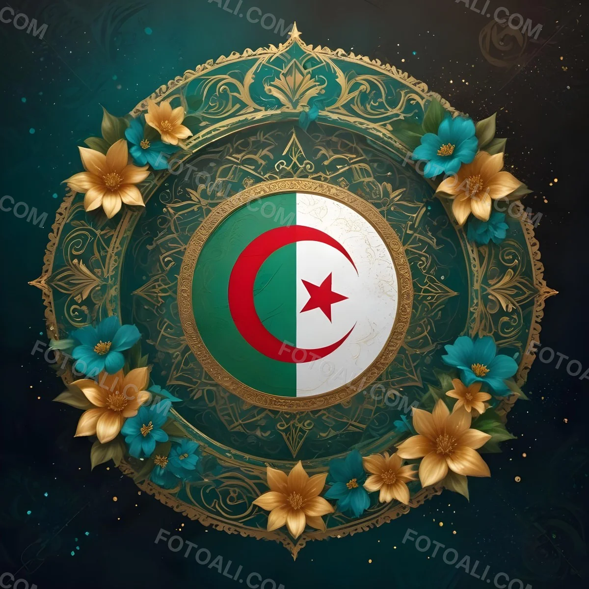 Algerian Flag In A Circular Shape Surrounded By Golden And Turquoise Floral Ornaments Stars And Intricate Details Set Against A Dark Background With Bokeh Effects 2 1d2f