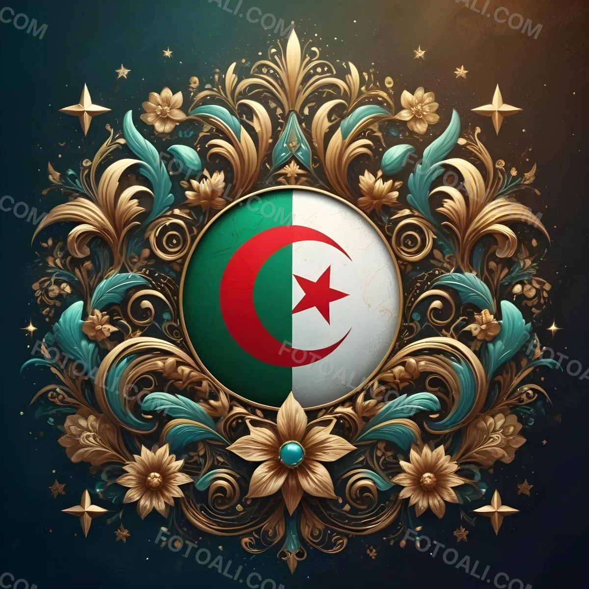 Algerian Flag In A Circular Shape Surrounded By Golden And Turquoise Floral Ornaments Stars And Intricate Details Set Against A Dark Background With Bokeh Effects 20 51a0