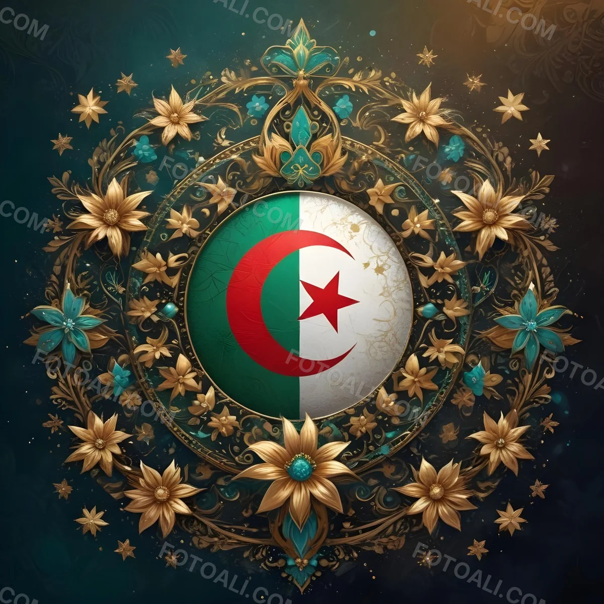 Algerian Flag In A Circular Shape Surrounded By Golden And Turquoise Floral Ornaments Stars And Intricate Details Set Against A Dark Background With Bokeh Effects 21 9d17