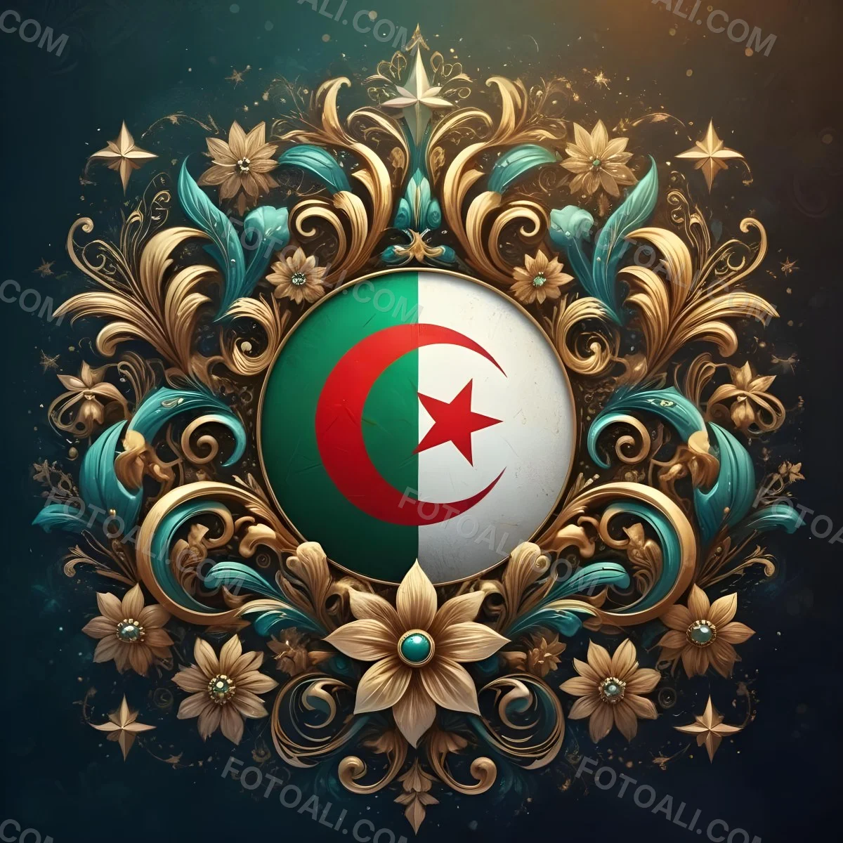Algerian Flag In A Circular Shape Surrounded By Golden And Turquoise Floral Ornaments Stars And Intricate Details Set Against A Dark Background With Bokeh Effects 22 Dfc7