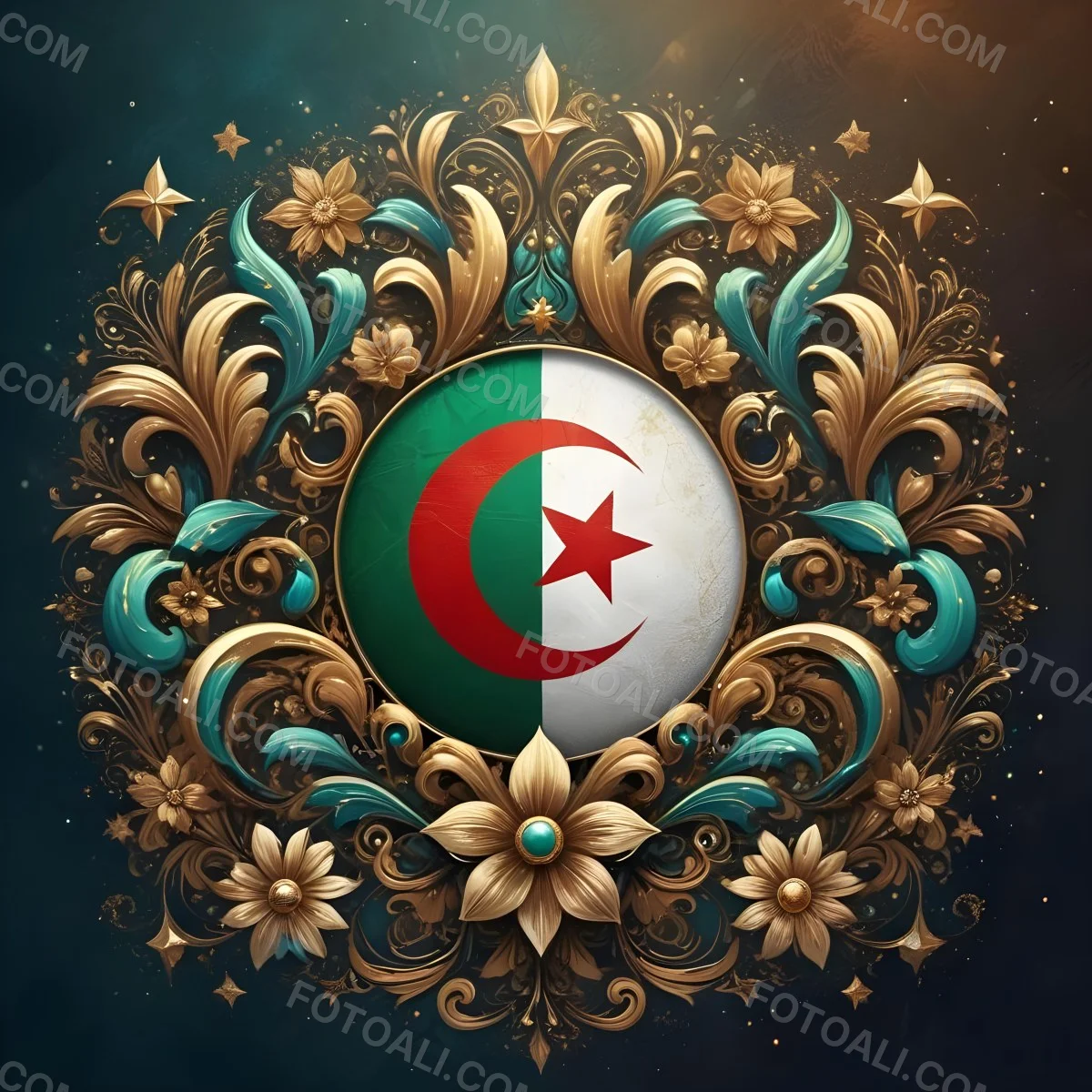 Algerian Flag In A Circular Shape Surrounded By Golden And Turquoise Floral Ornaments Stars And Intricate Details Set Against A Dark Background With Bokeh Effects 23 A169