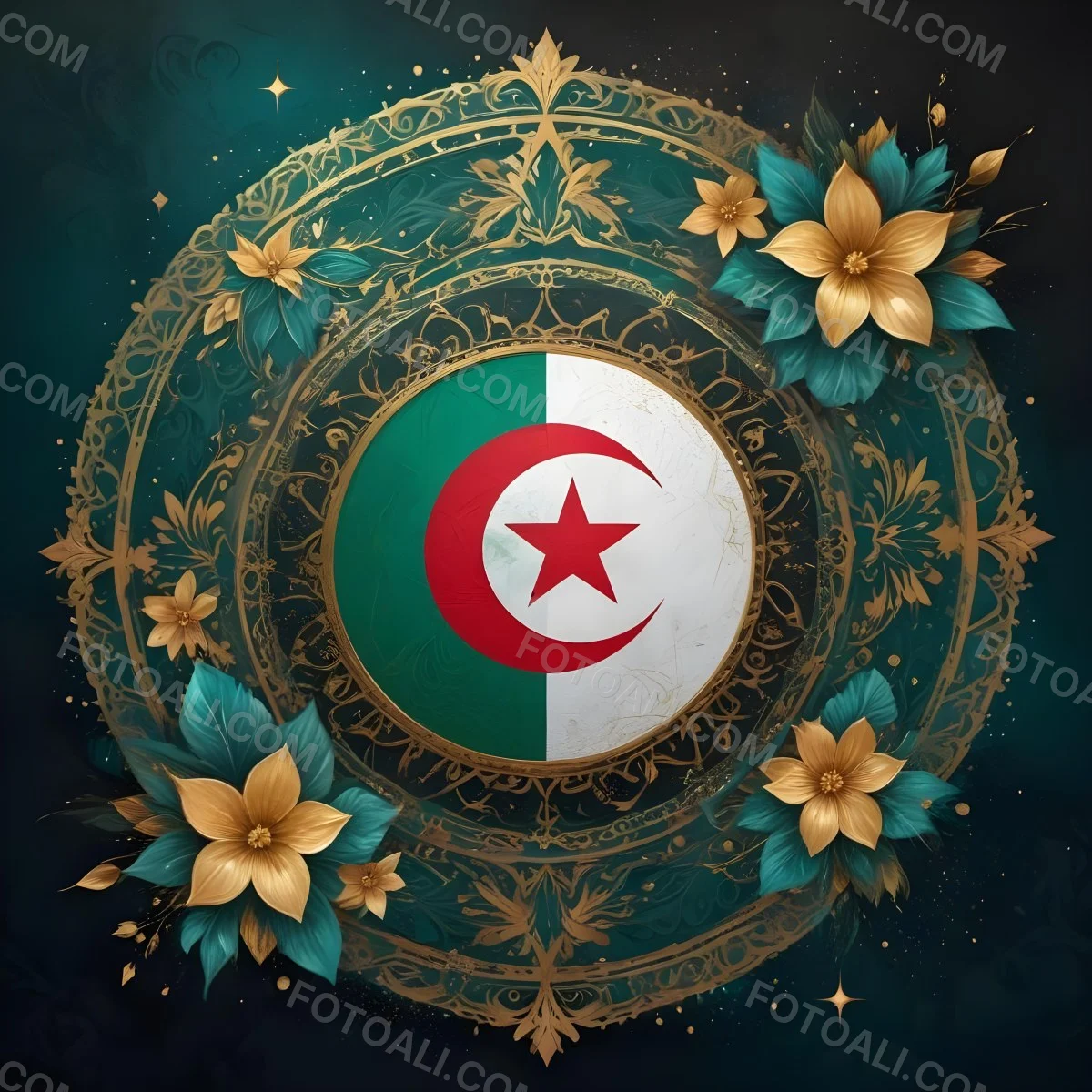 Algerian Flag In A Circular Shape Surrounded By Golden And Turquoise Floral Ornaments Stars And Intricate Details Set Against A Dark Background With Bokeh Effects 4 Ebcb