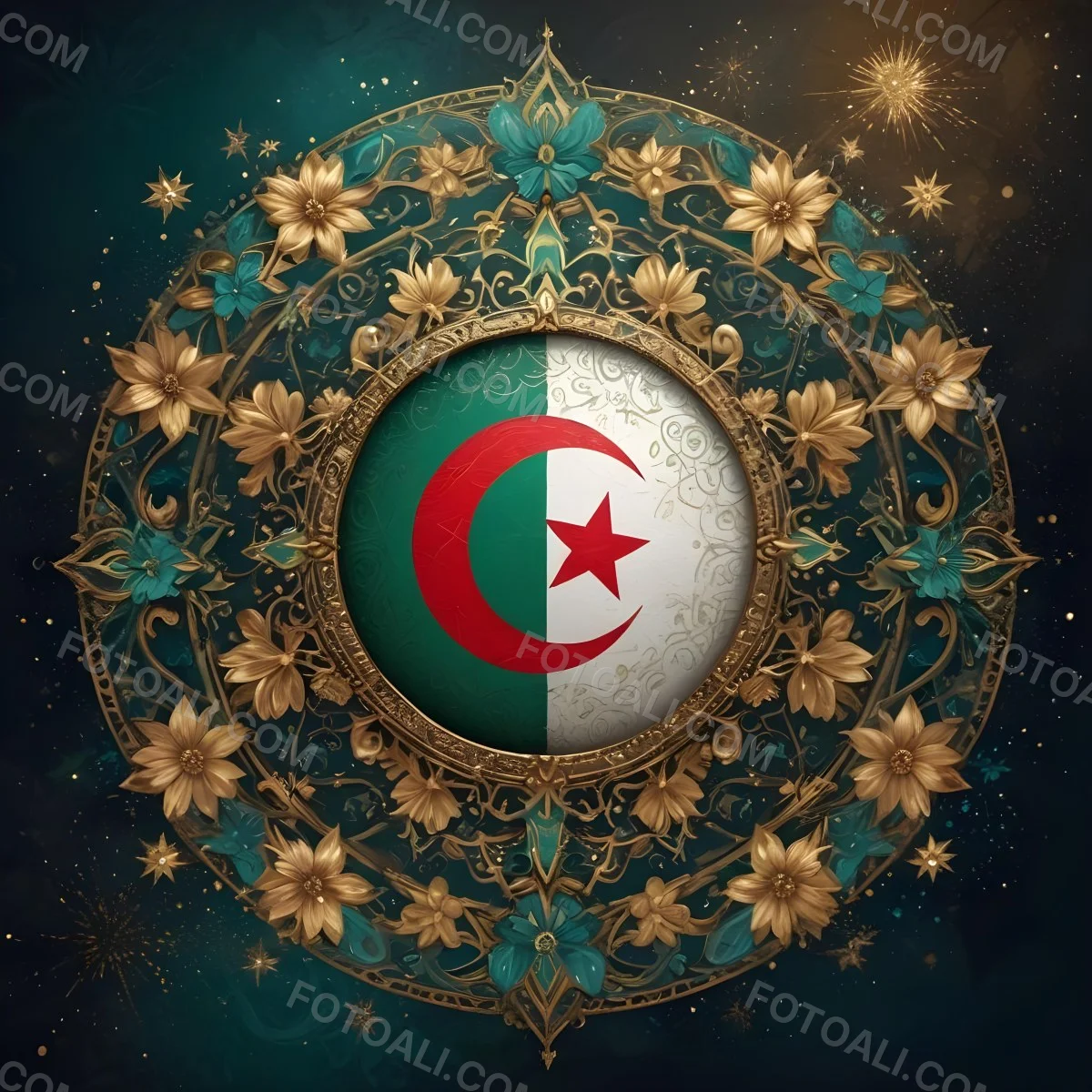 Algerian Flag In A Circular Shape Surrounded By Golden And Turquoise Floral Ornaments Stars And Intricate Details Set Against A Dark Background With Bokeh Effects 5 0f9a
