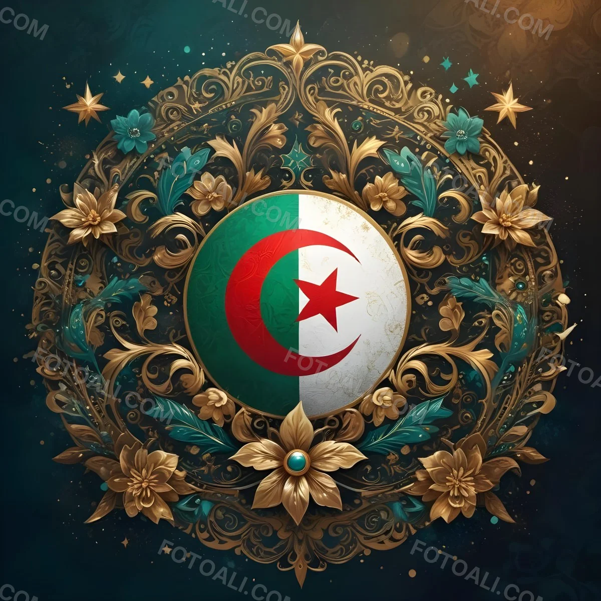 Algerian Flag In A Circular Shape Surrounded By Golden And Turquoise Floral Ornaments Stars And Intricate Details Set Against A Dark Background With Bokeh Effects 6 C30d