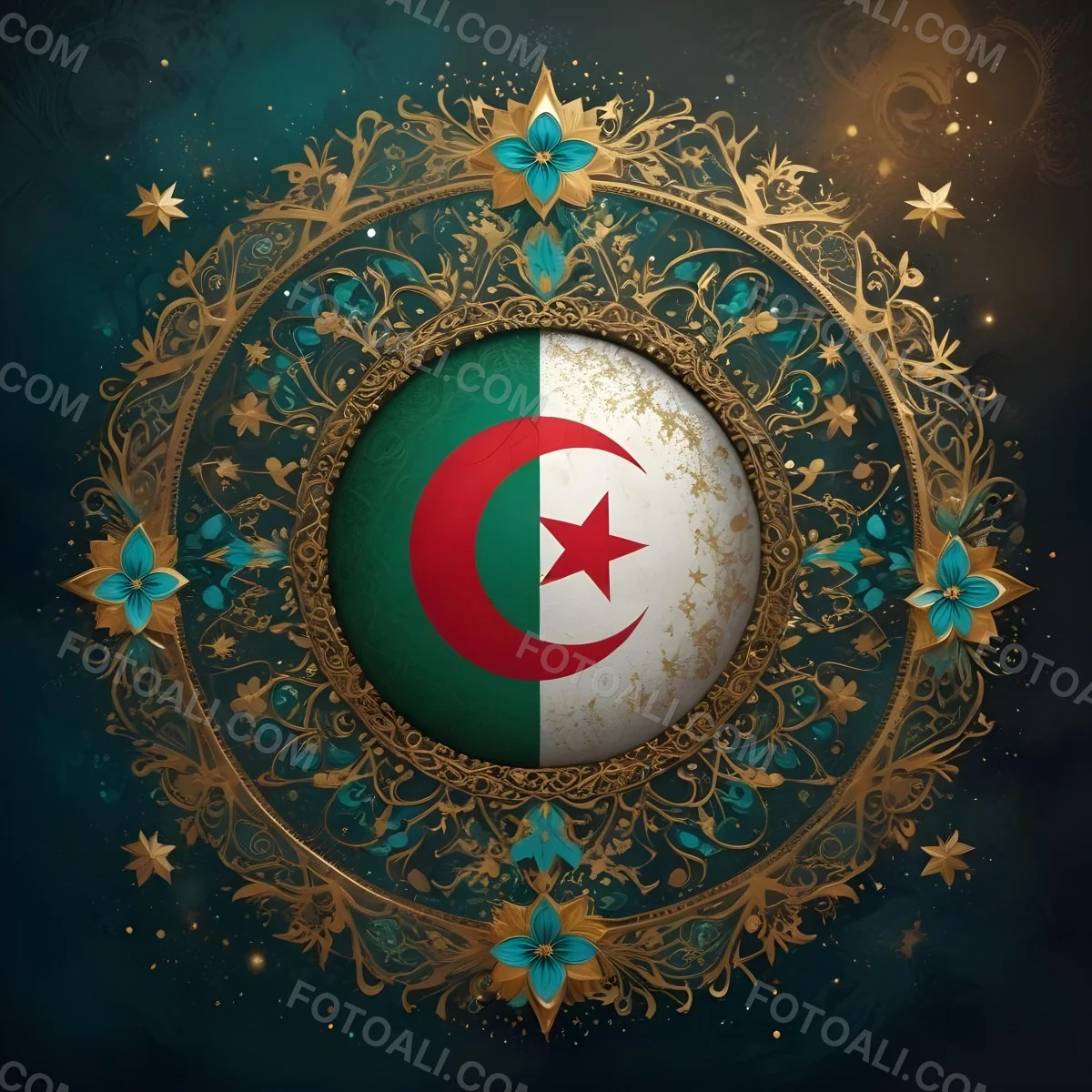 Algerian Flag In A Circular Shape Surrounded By Golden And Turquoise Floral Ornaments Stars And Intricate Details Set Against A Dark Background With Bokeh Effects 8 Ad73
