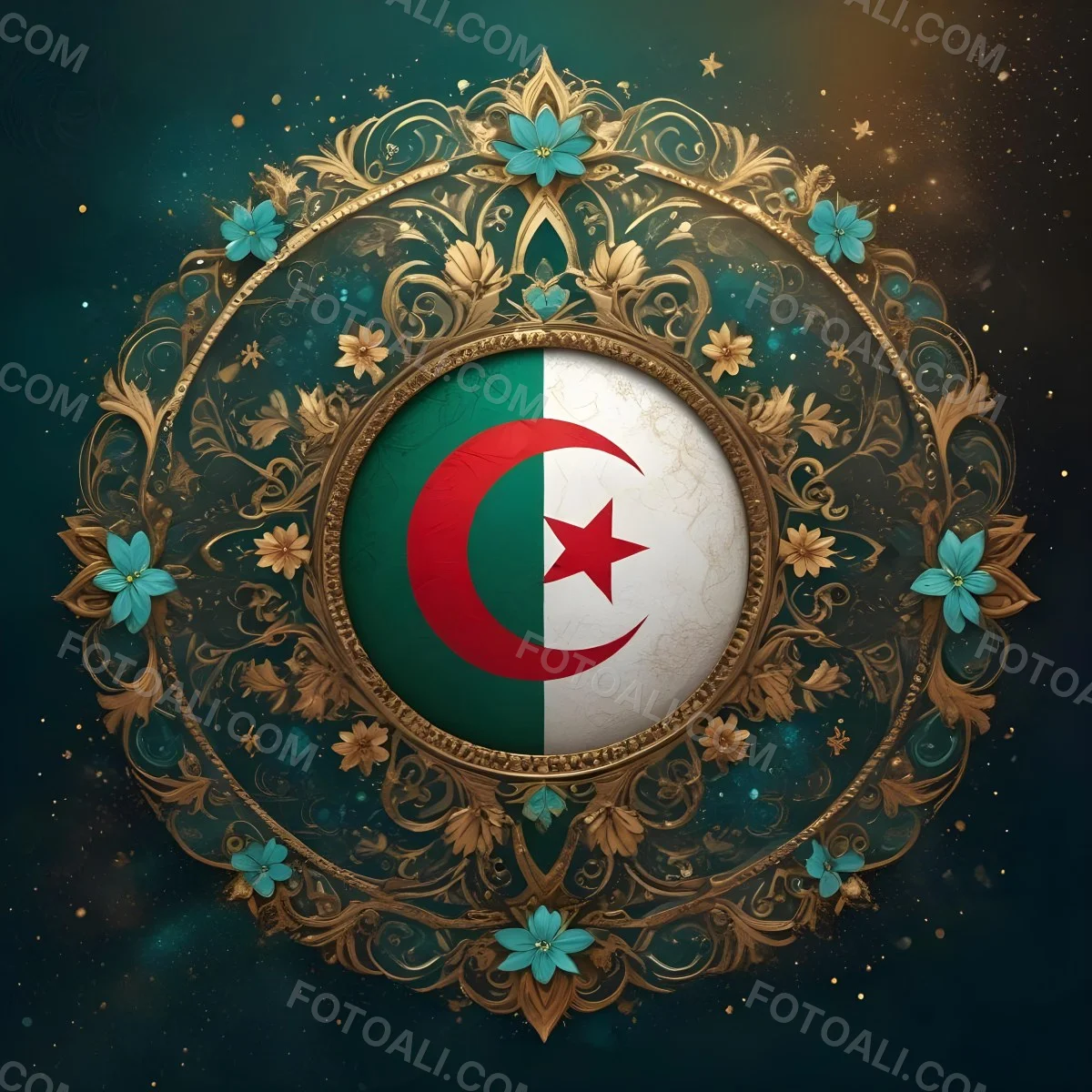 Algerian Flag In A Circular Shape Surrounded By Golden And Turquoise Floral Ornaments Stars And Intricate Details Set Against A Dark Background With Bokeh Effects 9 D4e5