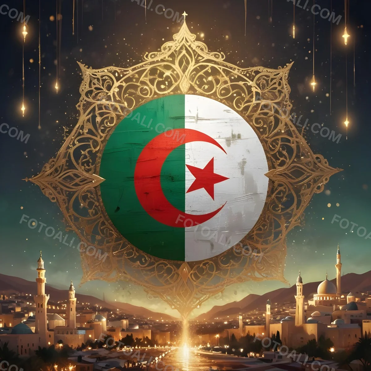 Algerian Flag With A Golden Ornament City Landscape With Mosques And Minarets At Night Golden Bokeh Lights Falling From The Sky 1 C684