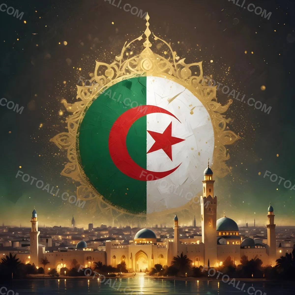 Algerian Flag With A Golden Ornament City Landscape With Mosques And Minarets At Night Golden Bokeh Lights Falling From The Sky 12 3b98