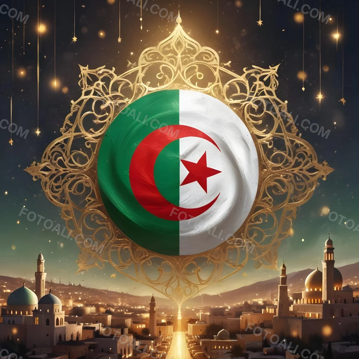Algerian Flag With A Golden Ornament City Landscape With Mosques And Minarets At Night Golden Bokeh Lights Falling From The Sky 13 51bf