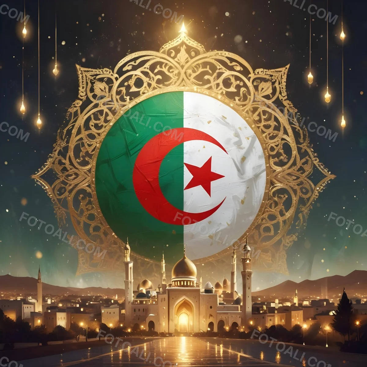 Algerian Flag With A Golden Ornament City Landscape With Mosques And Minarets At Night Golden Bokeh Lights Falling From The Sky 2 B8e6
