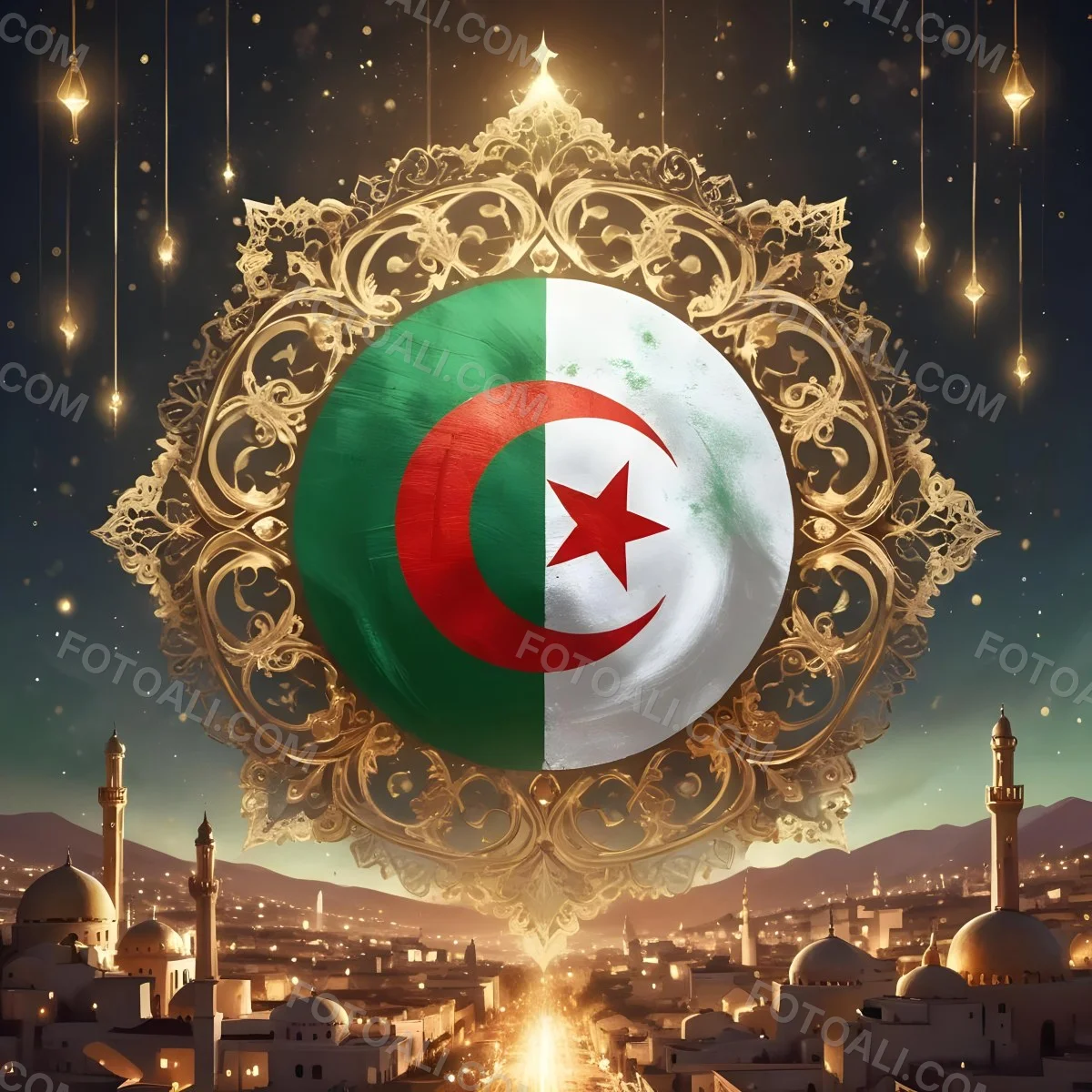 Algerian Flag With A Golden Ornament City Landscape With Mosques And Minarets At Night Golden Bokeh Lights Falling From The Sky 3 04ef