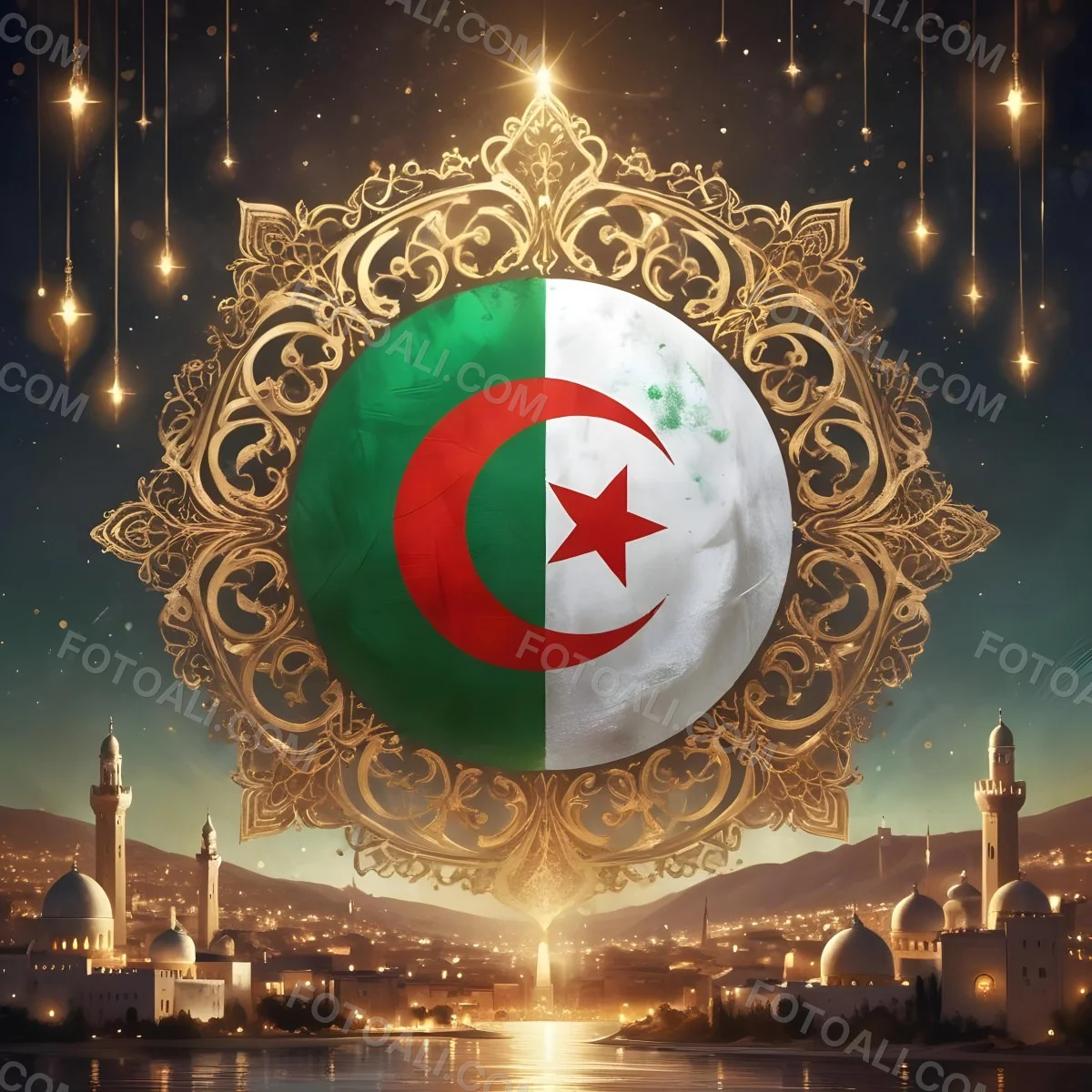 Algerian Flag With A Golden Ornament City Landscape With Mosques And Minarets At Night Golden Bokeh Lights Falling From The Sky 5 9ef5