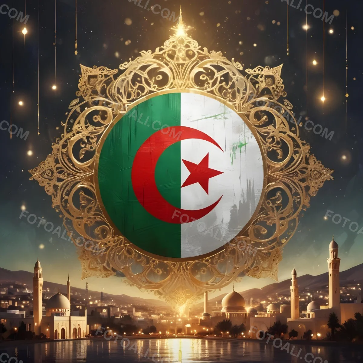 Algerian Flag With A Golden Ornament City Landscape With Mosques And Minarets At Night Golden Bokeh Lights Falling From The Sky 6 2377