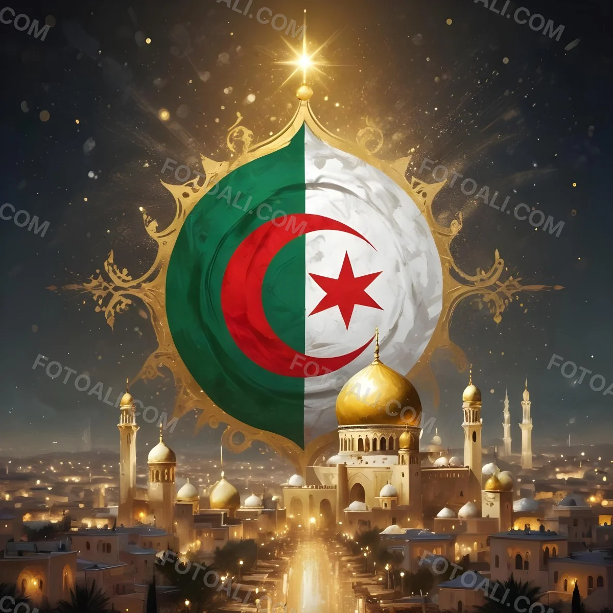 Algerian Flag With A Golden Ornament City Landscape With Mosques And Minarets At Night Golden Bokeh Lights Falling From The Sky 9 991d