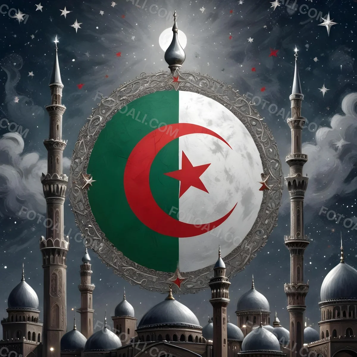 Algerian Flag With A Red Crescent And Star Surrounded By Ornate Silver Decorations Minarets Stars And Stars Set Against A Dark Starry Night Sky 2 4524