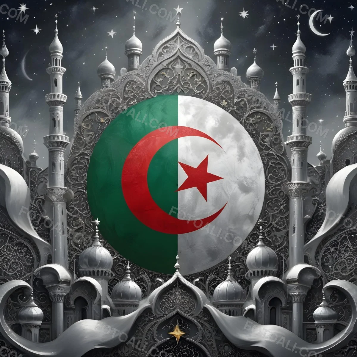 Algerian Flag With A Red Crescent And Star Surrounded By Ornate Silver Decorations Minarets Stars And Stars Set Against A Dark Starry Night Sky 3 Ea33