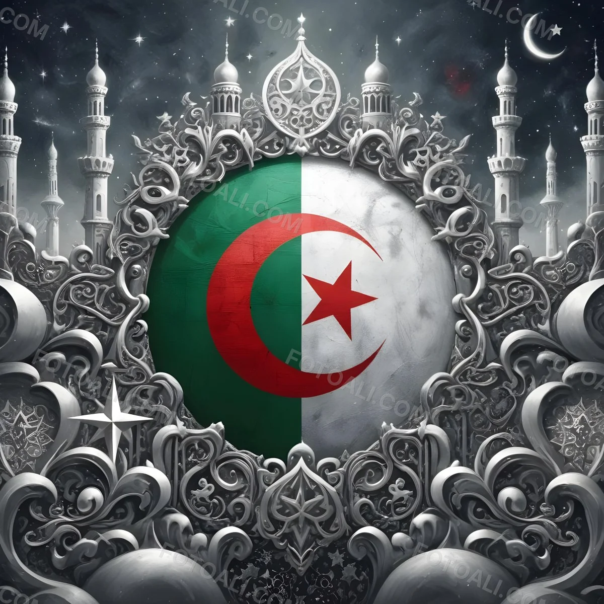 Algerian Flag With A Red Crescent And Star Surrounded By Ornate Silver Decorations Minarets Stars And Stars Set Against A Dark Starry Night Sky 7 41c3