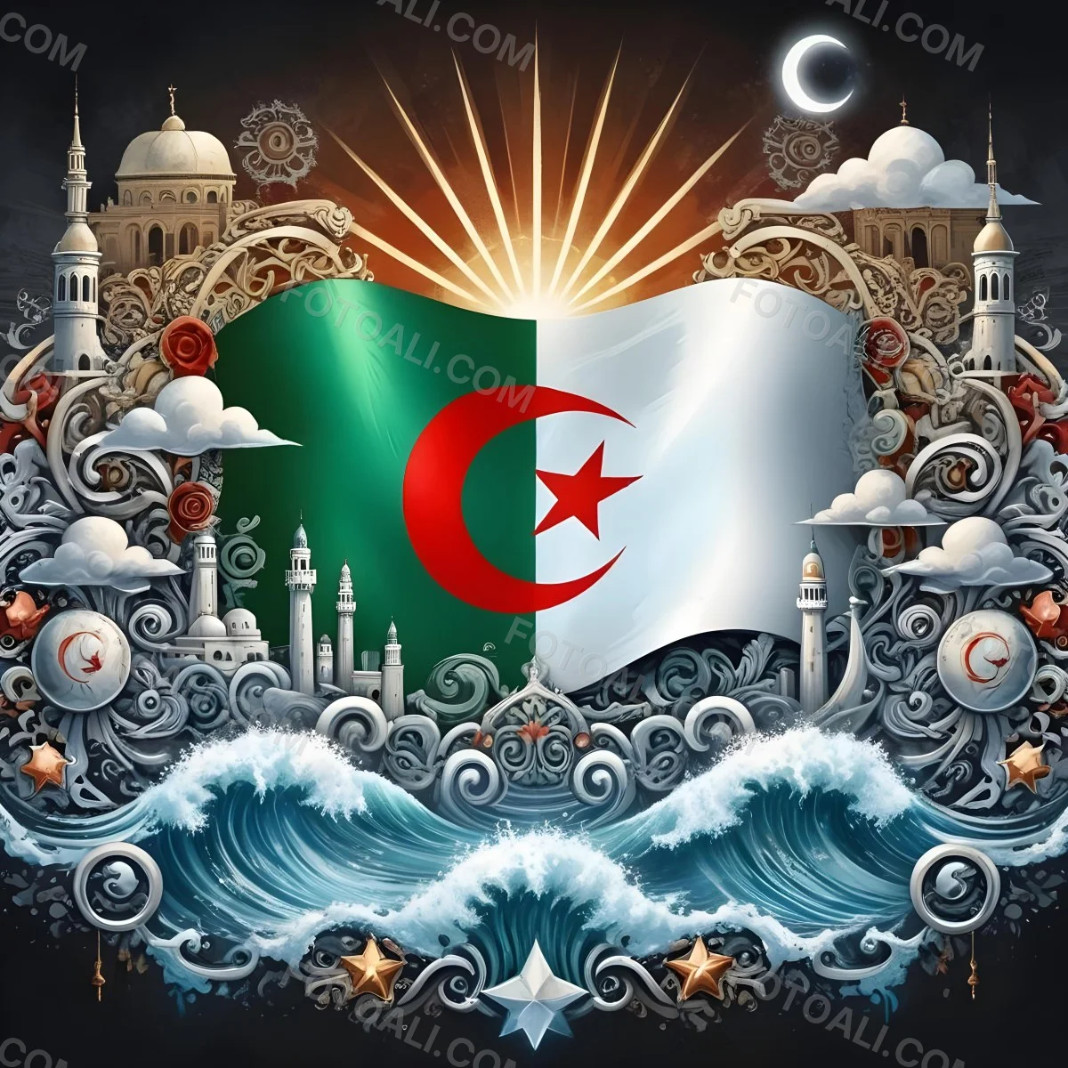 Algerian Flag With A Red Star And Crescent Surrounded By Traditional Symbols Waves And Architectural Elements Set Against A Dark Background With Radiating Light 2 E5eb